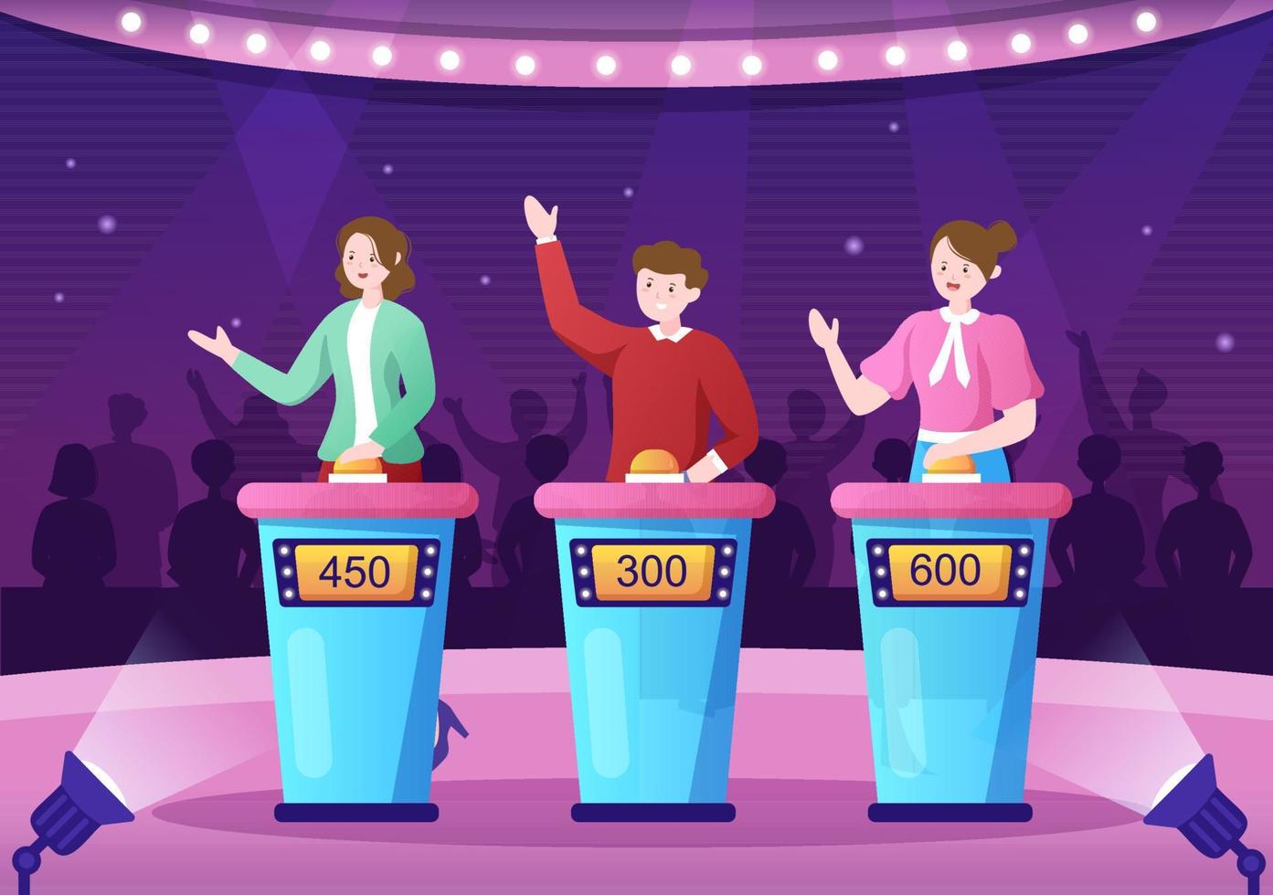 TV Quiz Show with Participants who Answer Questions and Will get Points From the Host on the Studio in Cartoon Illustration vector