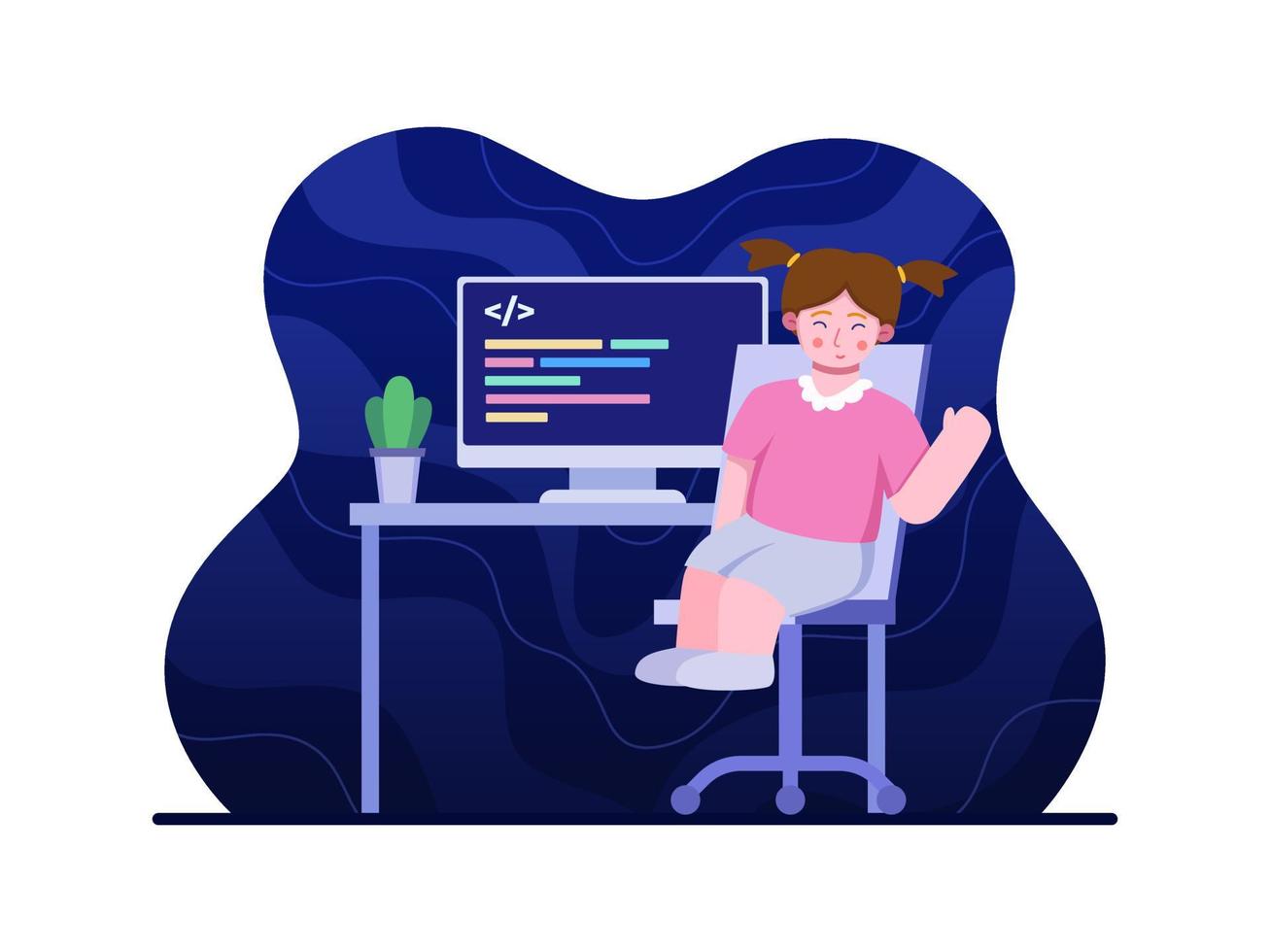 Kid happy learning codding in computer. Web Coding For Kids Illustration. Coding its fun. Can be used for Web, Banner, Poster, Social Media, Promotion, Etc. vector
