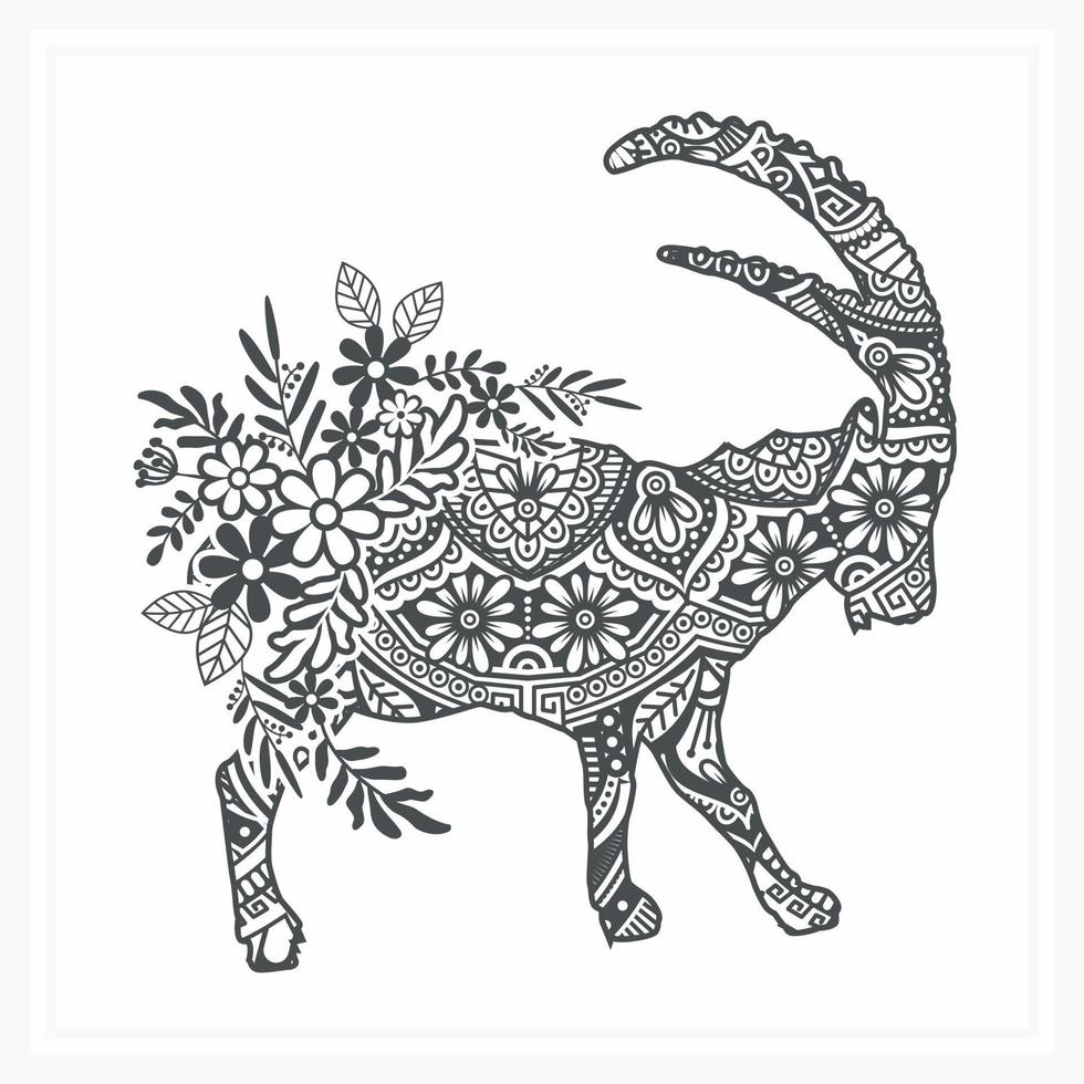 Ibex Mandala with Flower. Vector, Line Art vector