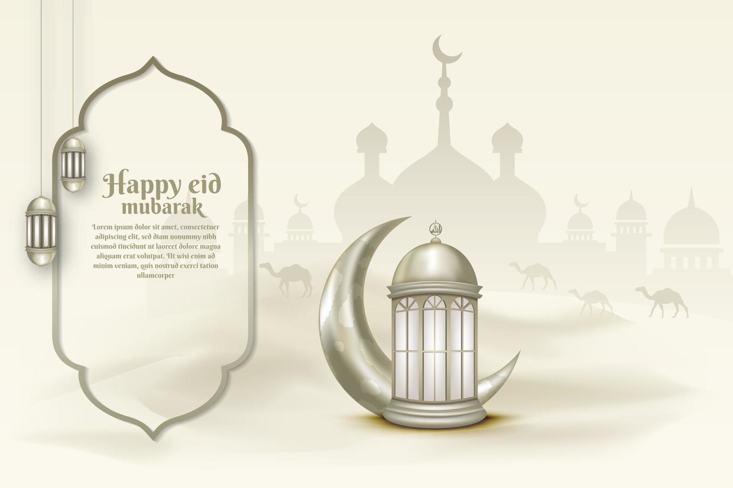 Islamic greeting eid mubarak card template, background with lantern and crescent moon vector