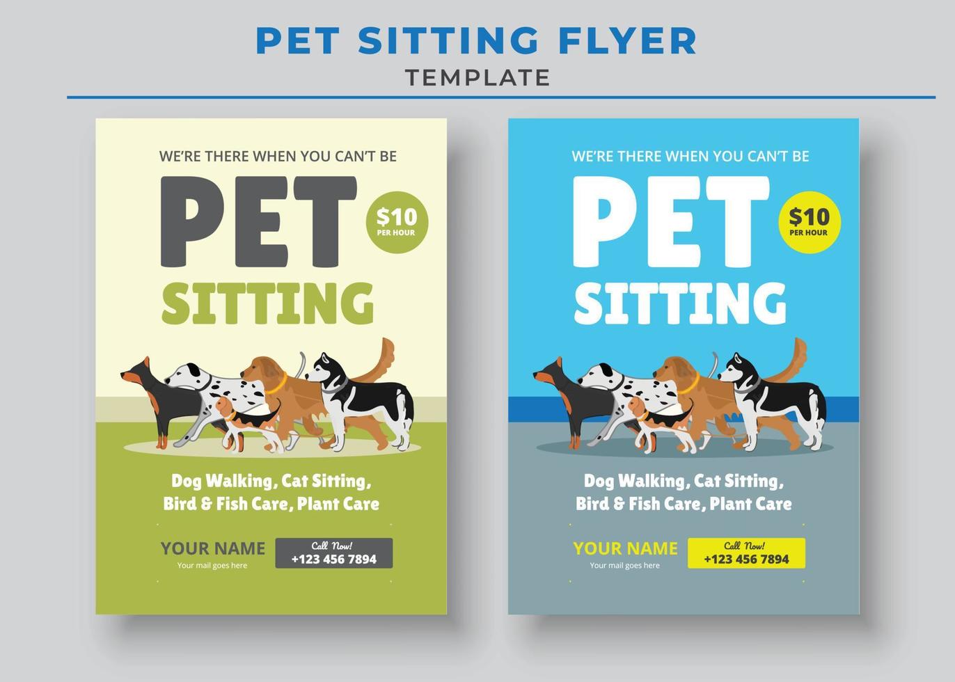 Pet Care Flyer Template, Pet Sitting Flyer Template, Pet Walkers Flyer Template vector