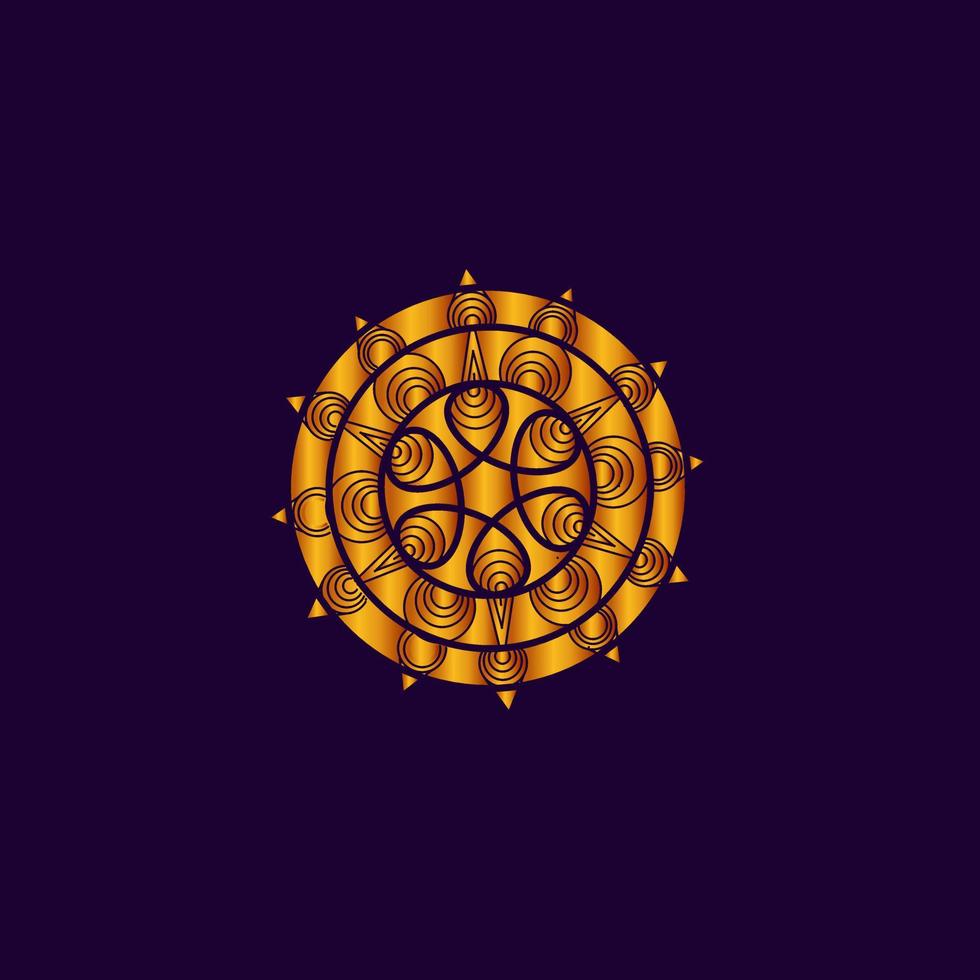 fondo de diseño dorado de mandala de arte de línea de lujo con incrustaciones en fondo púrpura vector