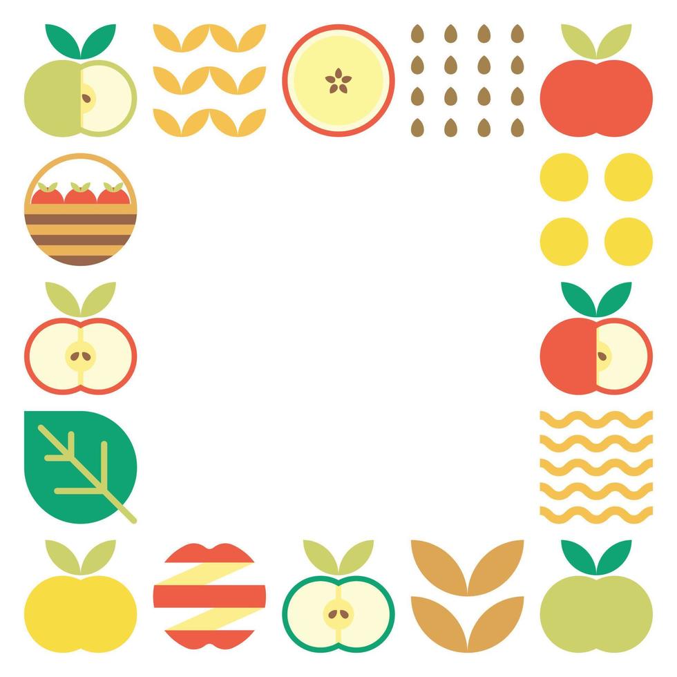 Apple frame abstract artwork. Design illustration of colorful apple pattern, leaves, and geometric symbols in minimalist style. Whole fruit, cut and split. Simple flat vector on a white background.