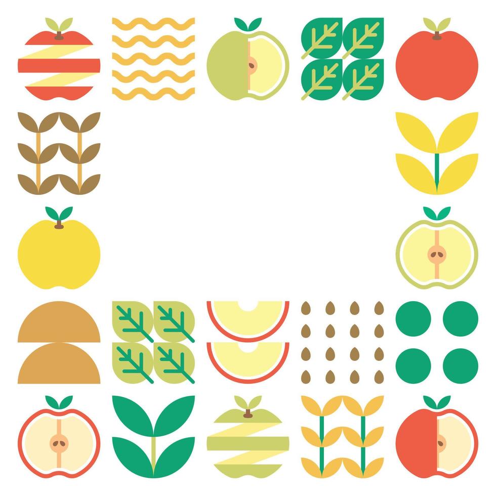 ilustraciones abstractas del marco de la manzana. ilustración de diseño de patrón de manzana colorido, hojas y símbolos geométricos en estilo minimalista. fruta entera, cortada y partida. simple vector plano sobre un fondo blanco.