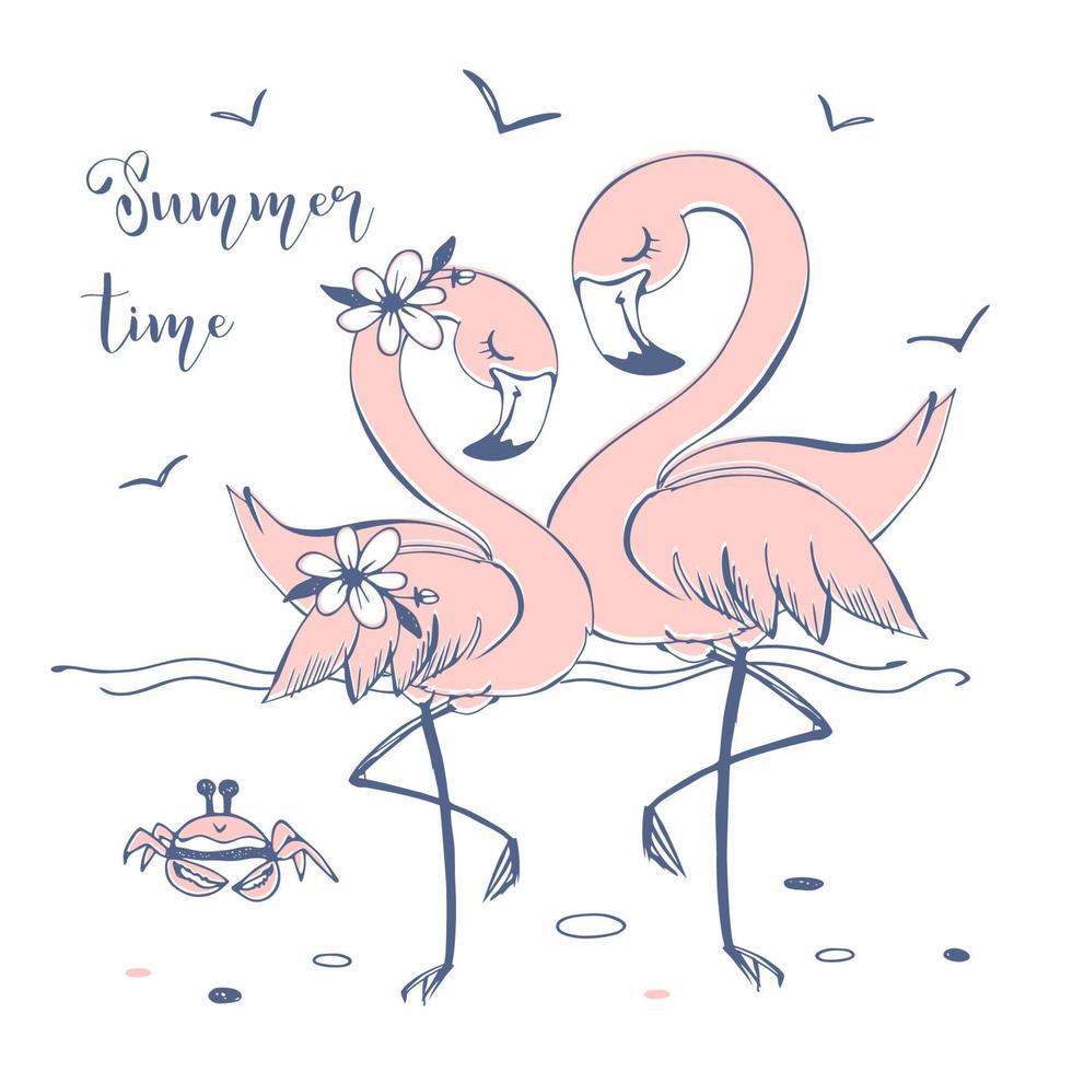 Cute pink flamingos on the sea beach. Summer time. Vector. vector