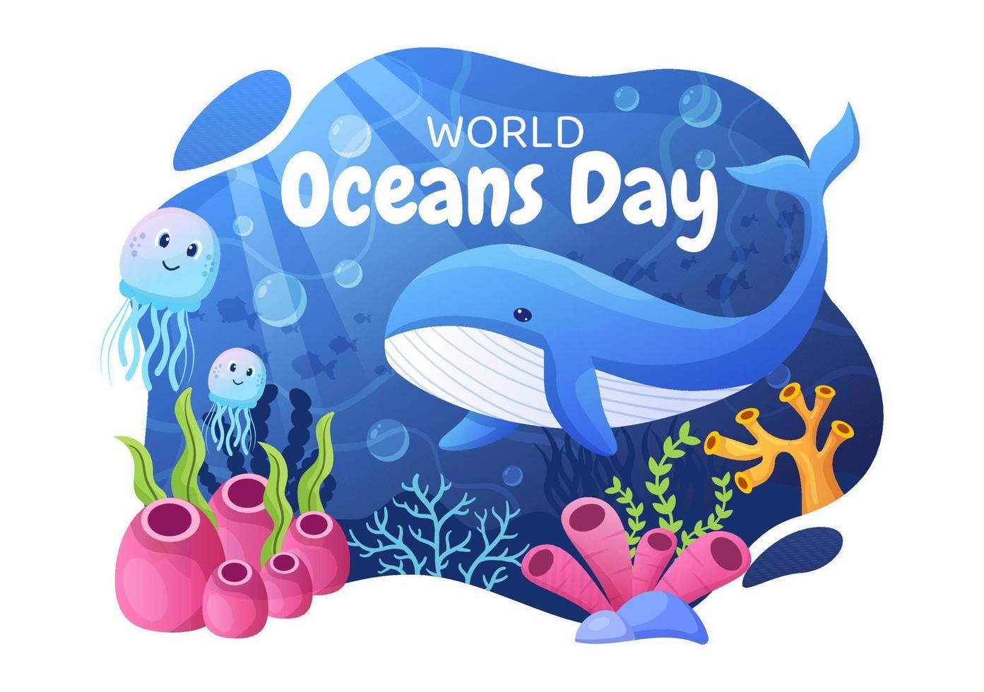 World Ocean Day Cartoon Illustration with Underwater Scenery, Various Fish Animals, Corals and Marine Plants Dedicated to Helping Protect or Preserve vector