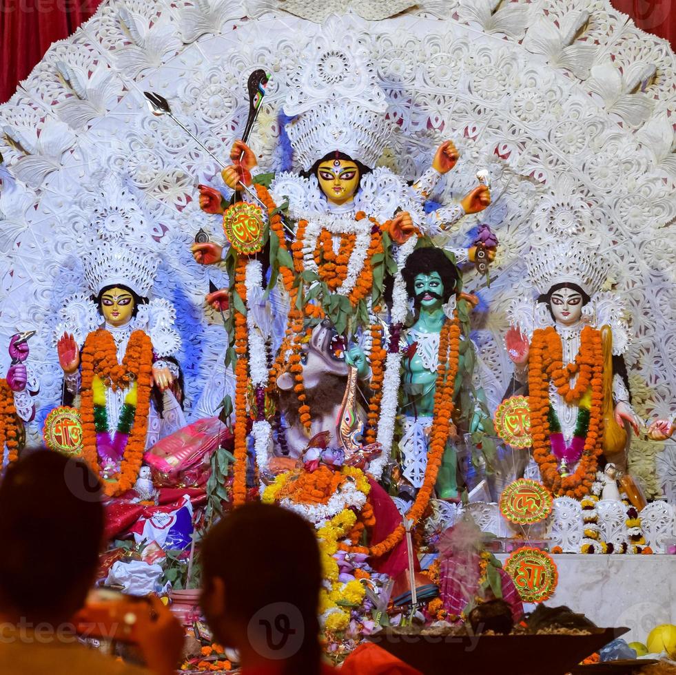 Goddess Durga with traditional look in close up view at a South Kolkata Durga Puja, Durga Puja Idol, A biggest Hindu Navratri festival in India photo