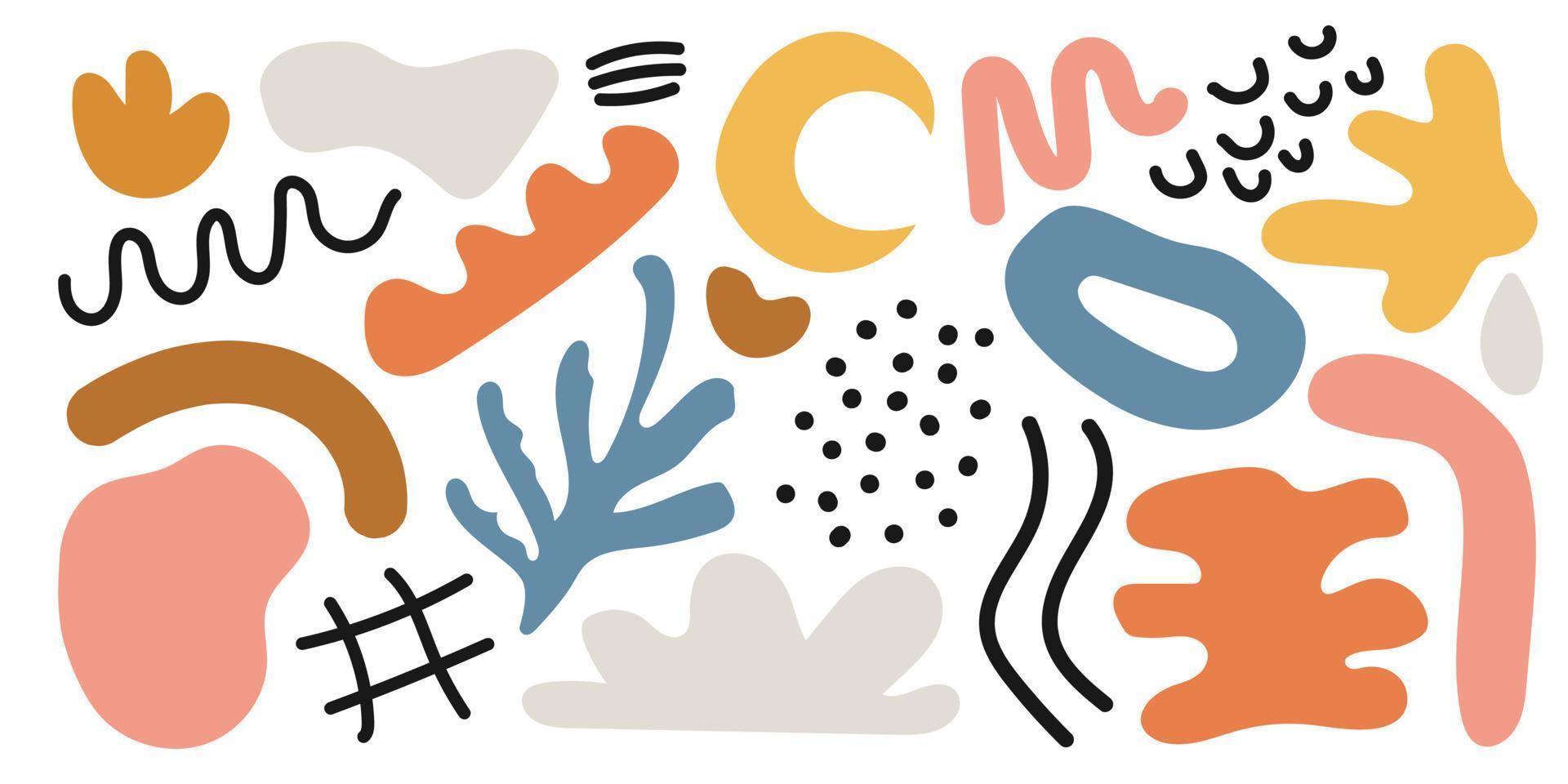 Set of hand-drawn different shapes and doodles, curves, dots. Abstract modern contemporary trendy illustration. All elements are isolated. Pastel colors, organic shapes, spots, lines vector