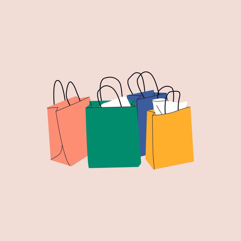 Various Colorful stack paper Shopping or gift bags with various craft paper. Cartoon sacks for purchases, presents. Hand drawn colored flat illustration. Shopping, sale concept vector