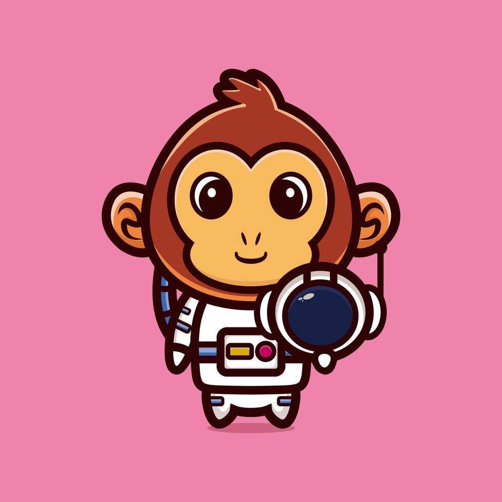 Cute astronaut monkey holding helmet cartoon vector illustration