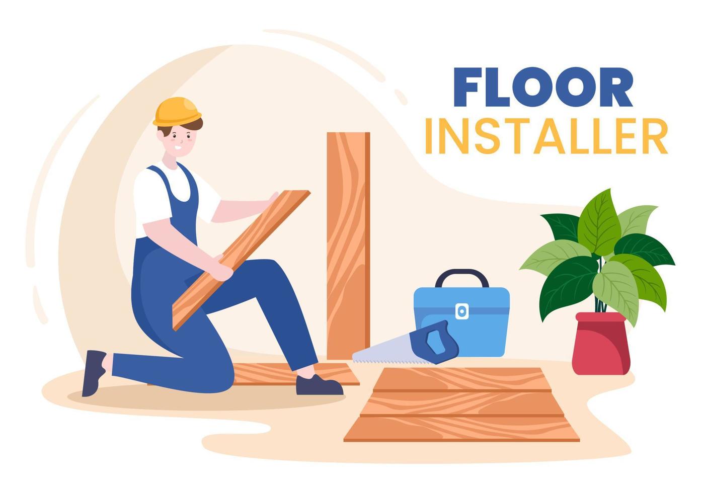 Floor Installation Cartoon Illustration with Repairman, Laying Professional Parquet, Wood or tile Floors in House Flooring Renovation Design vector