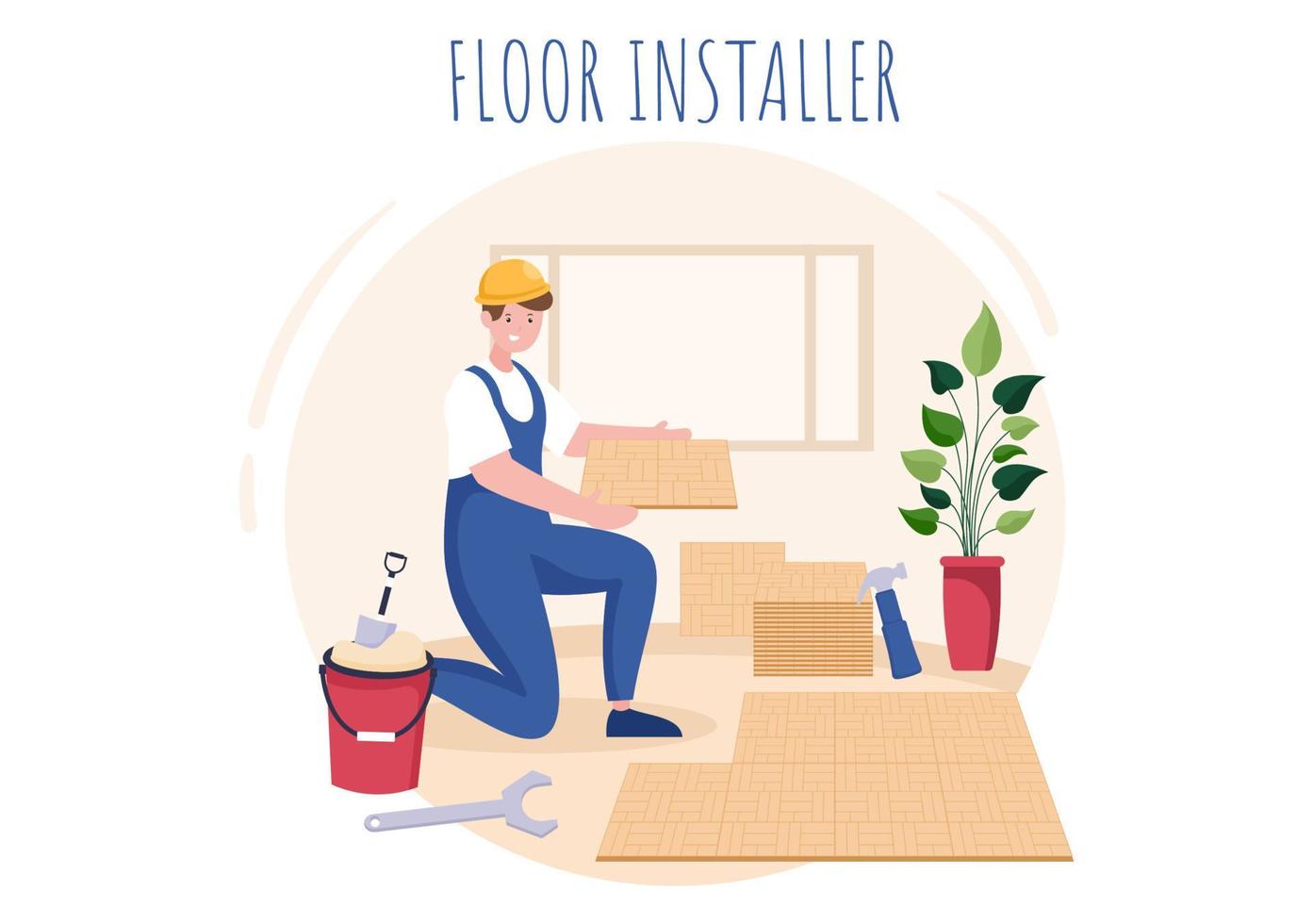 ilustración de dibujos animados de instalación de pisos con reparador, colocación de pisos profesionales de parquet, madera o baldosas en el diseño de renovación de pisos de casas vector