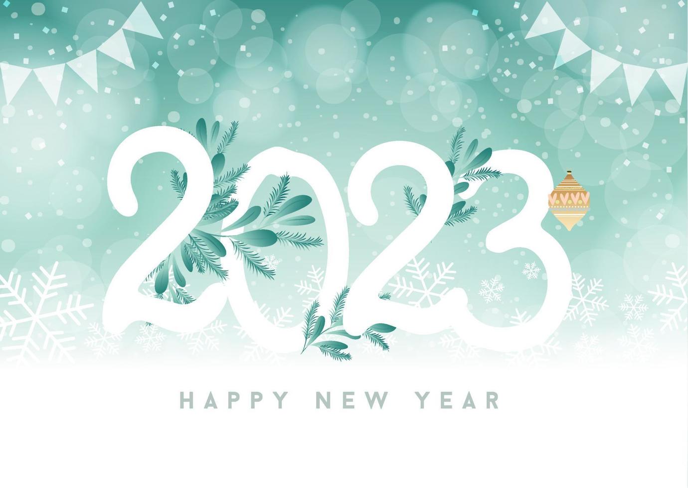 2023 un feliz año nuevo firma en invierno con fuertes nevadas. números del año 2023. nieve navideña, copos de nieve y hojas de flores. fondo de vacaciones de navidad y año nuevo. ilustración vectorial vector