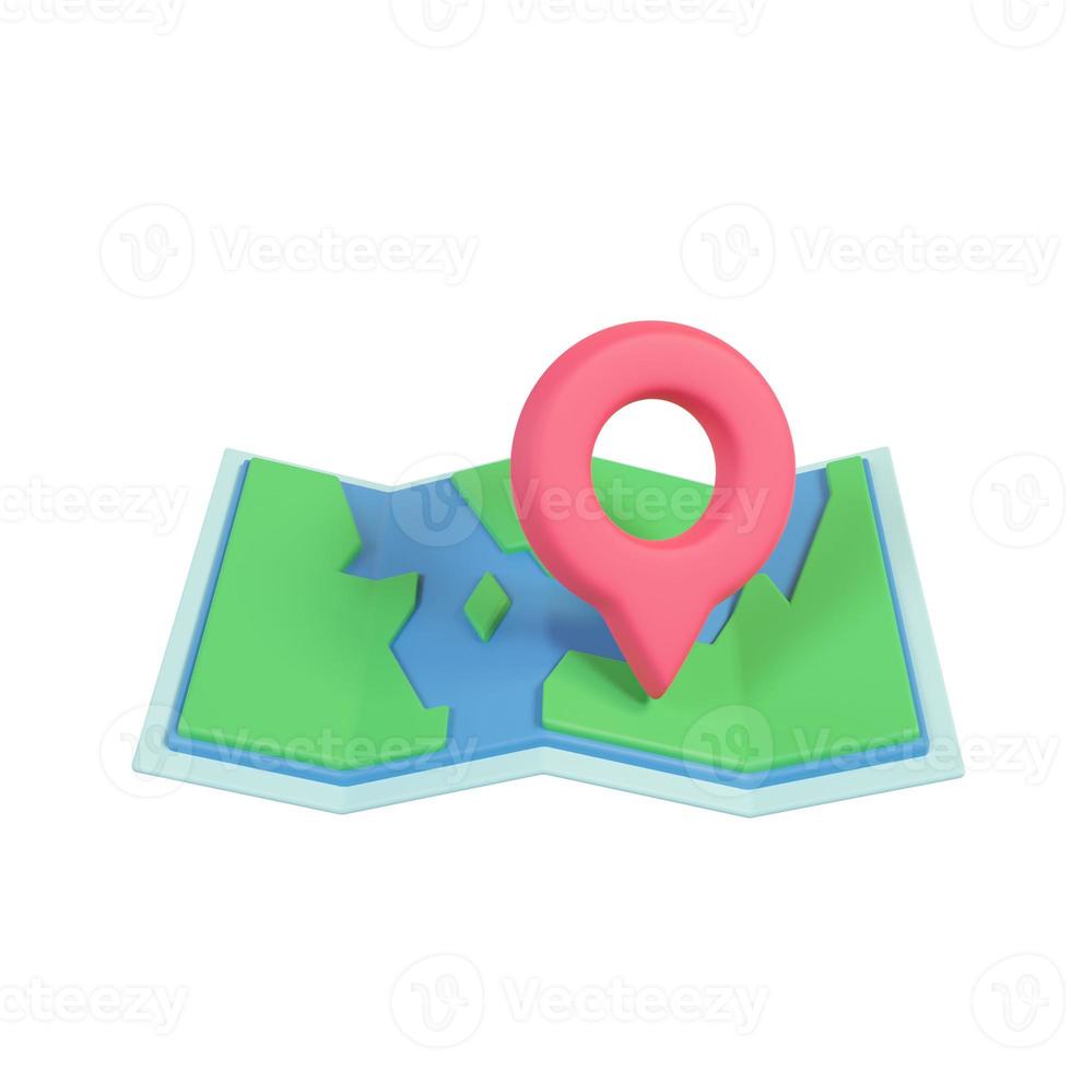 A red pin pinned to a paper map. route finder concept. 3D Rendering. photo