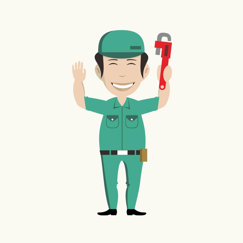 Illustration character Professional plumber Cartoon emotions and a toolbox in the other hand vector