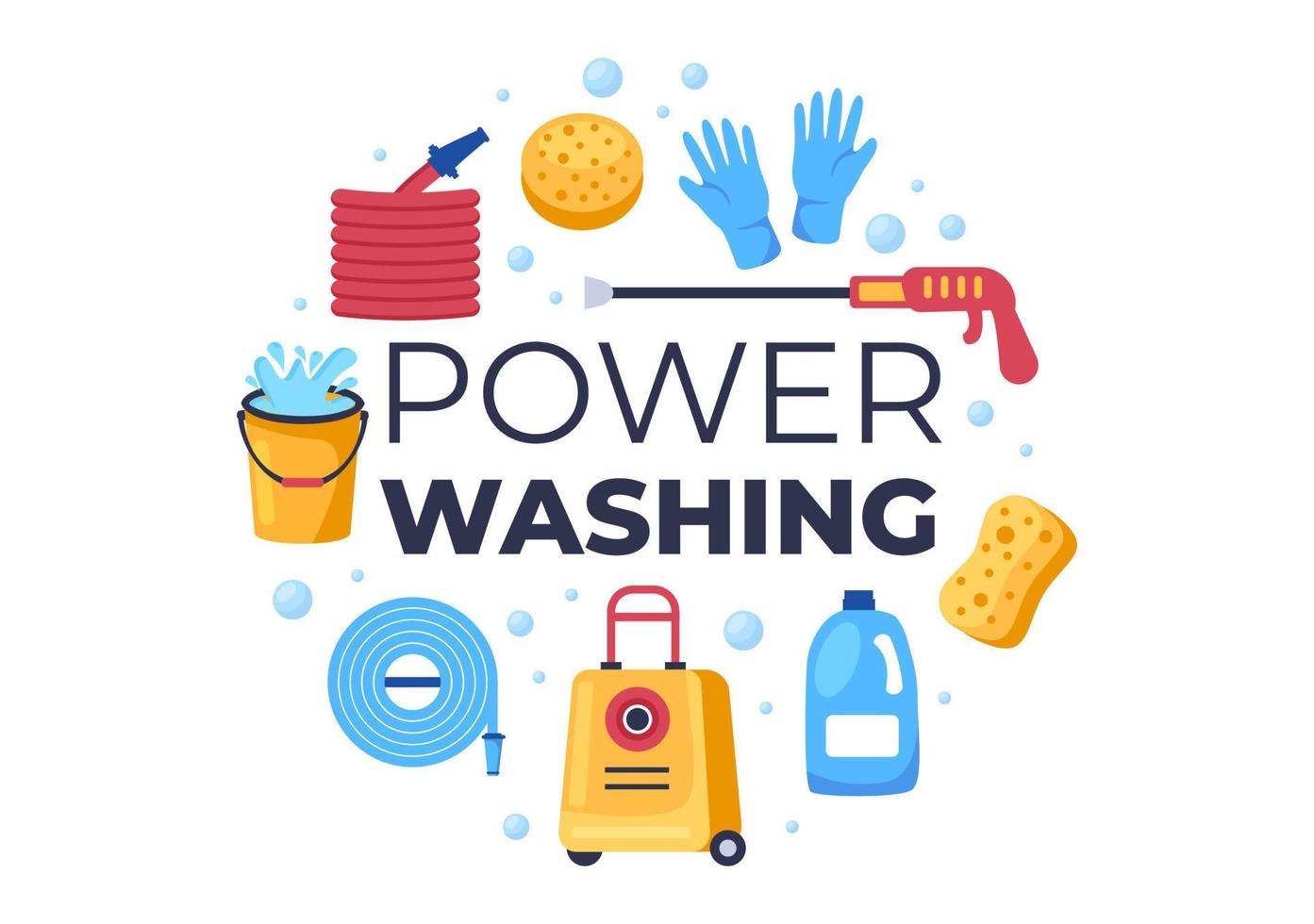 Power Washing Machine Cleaner with Various Cleaning Tools and Outside Cleanup Service in Flat Cartoon Background Illustration vector