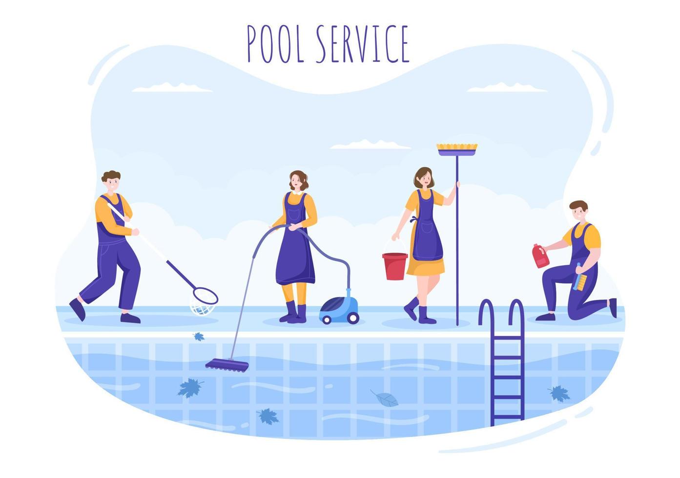 trabajador de servicio de piscina con escoba, aspiradora o red para mantenimiento y limpieza de suciedad en ilustración de caricatura plana vector