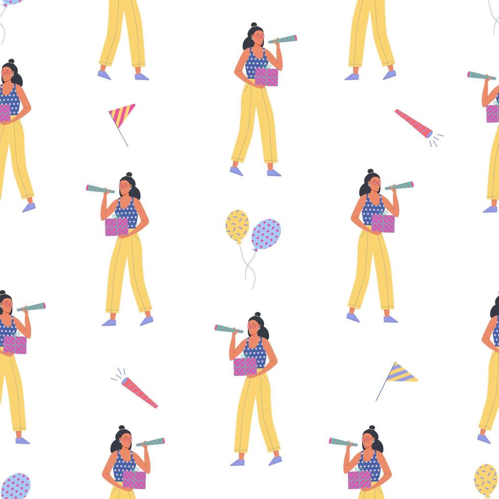 Birthday Party seamless pattern collection, people, gift boxes and confetti, balloons and flags, cake and caps vector