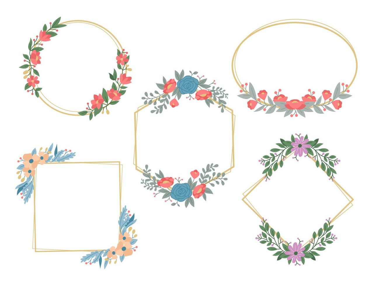 Isolated Colorful Line Frame Icon Leaf Floral Border Divider with Circular, rectangle or hexagon pink or red flower for save the date wedding tag name invitation vector