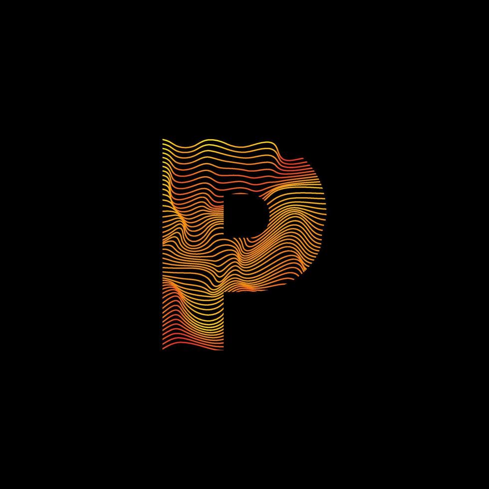 P letter wavy line. P letter with motion wave. Alphabet logo with colorful twisted lines. Creative vector illustration with zebra, sea, print and wavy pattern lines.