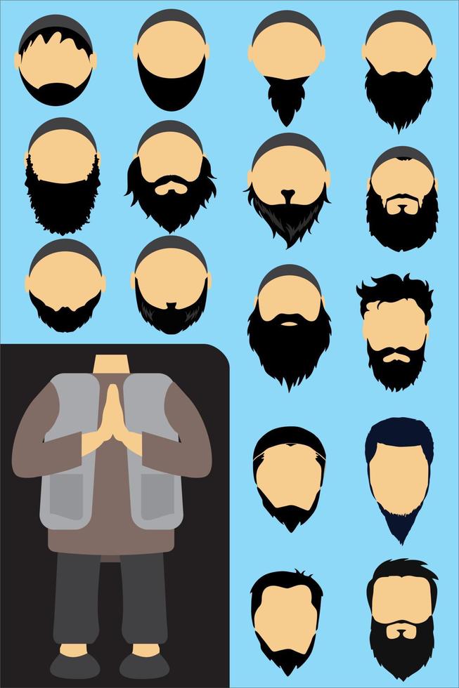 Plantilla de personaje masculino musulmán barbudo. Puede cambiar el tipo de cabeza y barba. vector
