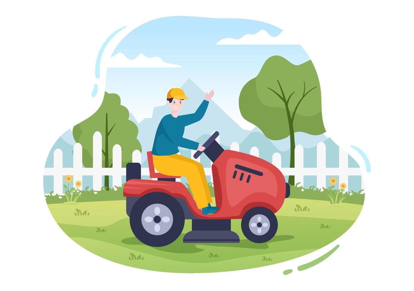 Lawn Mower Cutting Green Grass, Trimming and Care on Page or Garden in Flat Cartoon Illustration vector