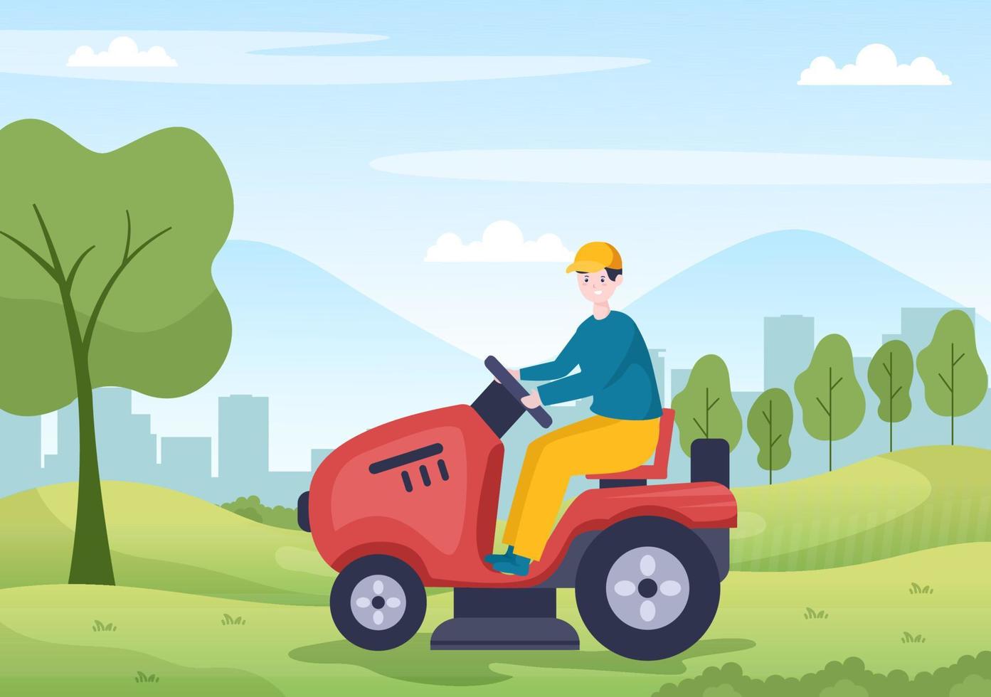 Lawn Mower Cutting Green Grass, Trimming and Care on Page or Garden in Flat Cartoon Illustration vector