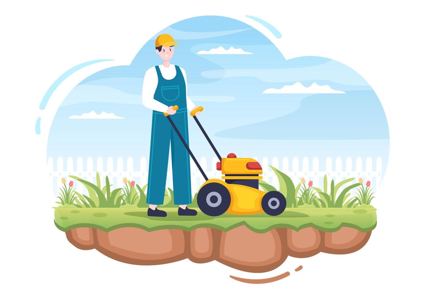 Lawn Mower Cutting Green Grass, Trimming and Care on Page or Garden in Flat Cartoon Illustration vector