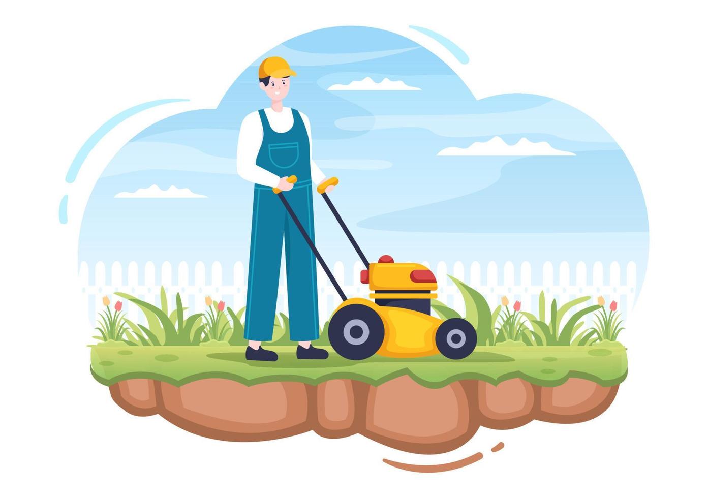 Lawn Mower Cutting Green Grass, Trimming and Care on Page or Garden in Flat Cartoon Illustration vector