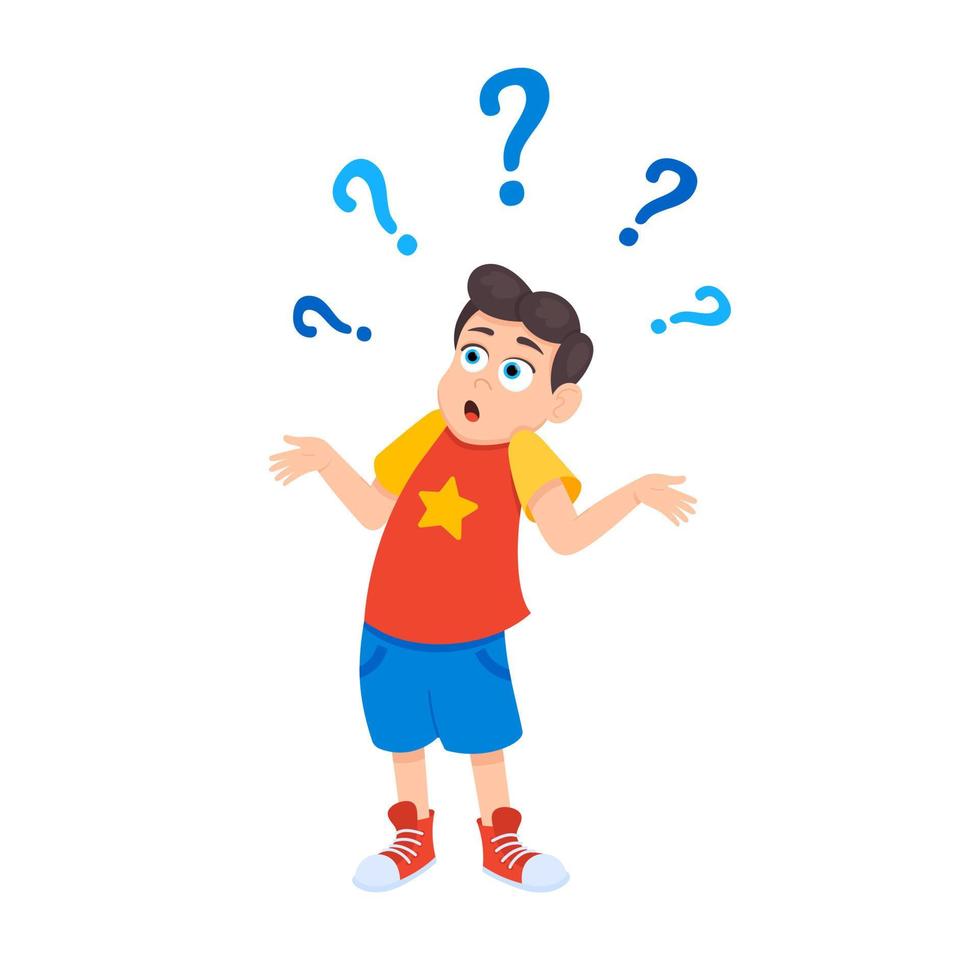 Little doubt boy kid asking question flat style design vector illustration isolated on white background.