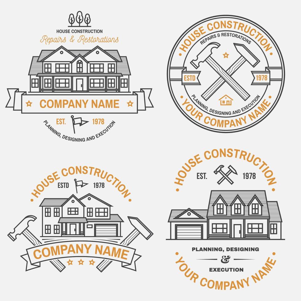 Set of House construction company identity with suburban american house. Vector illustration. Thin line badge, sign for real estate, building and construction company related business.