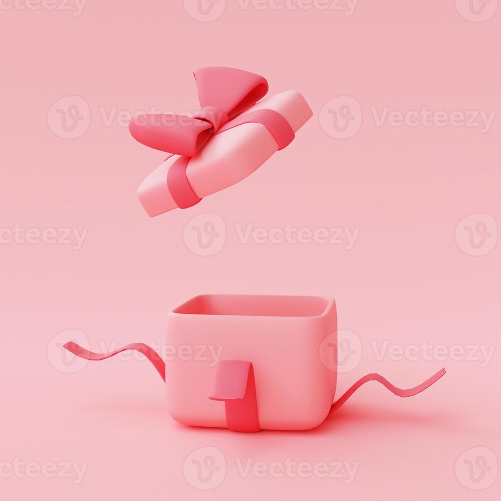 3d render of open pink gift box with ribbons isolated on pastel background,valentine's day sale concept,minimal style. photo