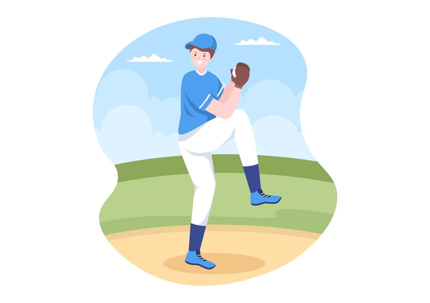 el jugador de béisbol se divierte lanzando, atrapando o golpeando una pelota con bates y guantes usando uniforme en el estadio de la cancha en una ilustración plana de dibujos animados vector