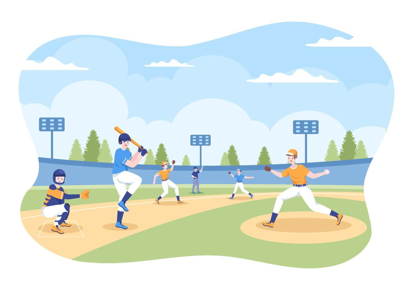 Baseball Player Sports Throwing, Catching or Hitting a Ball with Bats and Gloves Wearing Uniform on Court Stadium in Flat Cartoon Illustration vector