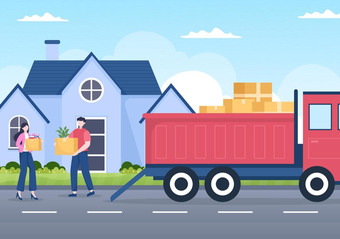 Home Relocation or People Moving with Cardboard Packaging Boxes or Pack Belongings Move to New Ones in Flat Cartoon Illustration vector