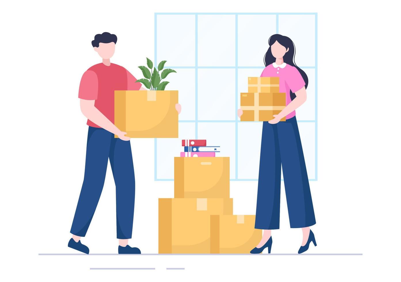 Home Relocation or People Moving with Cardboard Packaging Boxes or Pack Belongings Move to New Ones in Flat Cartoon Illustration vector