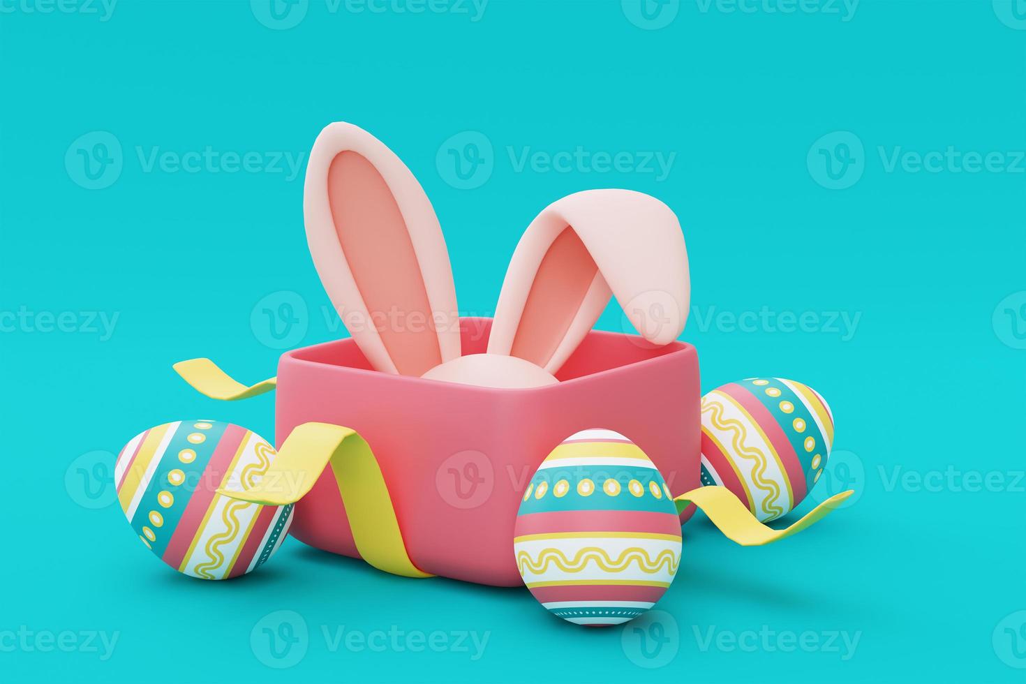 caja de regalo rosa abierta con conejito de pascua y huevos de pascua coloridos sobre fondo azul, feliz concepto de vacaciones de pascua. estilo minimalista, representación 3d. foto