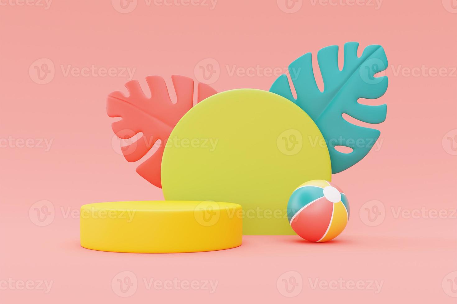summer display with colorful inflatable ring,beach ball and palm leaves,3d rendering. photo