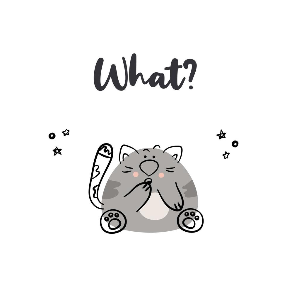 Cute cartoon cat. Funny hand drawn animal character isolated on white background.  Print for t shirt, suitable for cards, posters. Flat vector illustration.