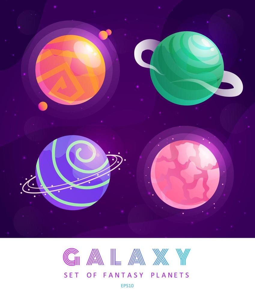 Vector set of cartoon planets. Colorful set of isolated objects. Space background. Fantasy planets. Colorful universe. Game design. Fantasy space planets for ui galaxy game. EPS 10.