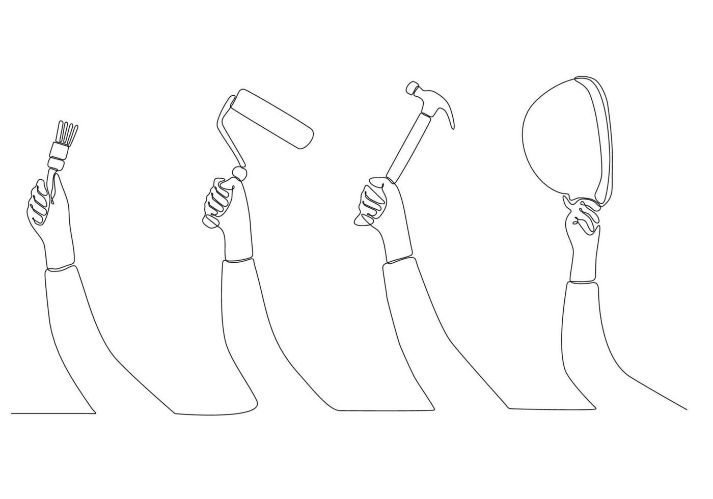 continuous line drawing A set of male hands holding building equipment vector