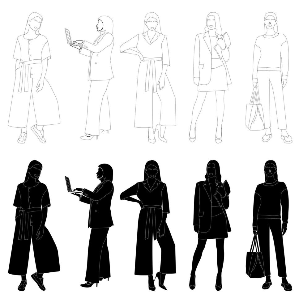 A set of sketches of the outlines of the silhouettes of a girl in a fashionable suit standing. Doodle black and white line drawing. vector