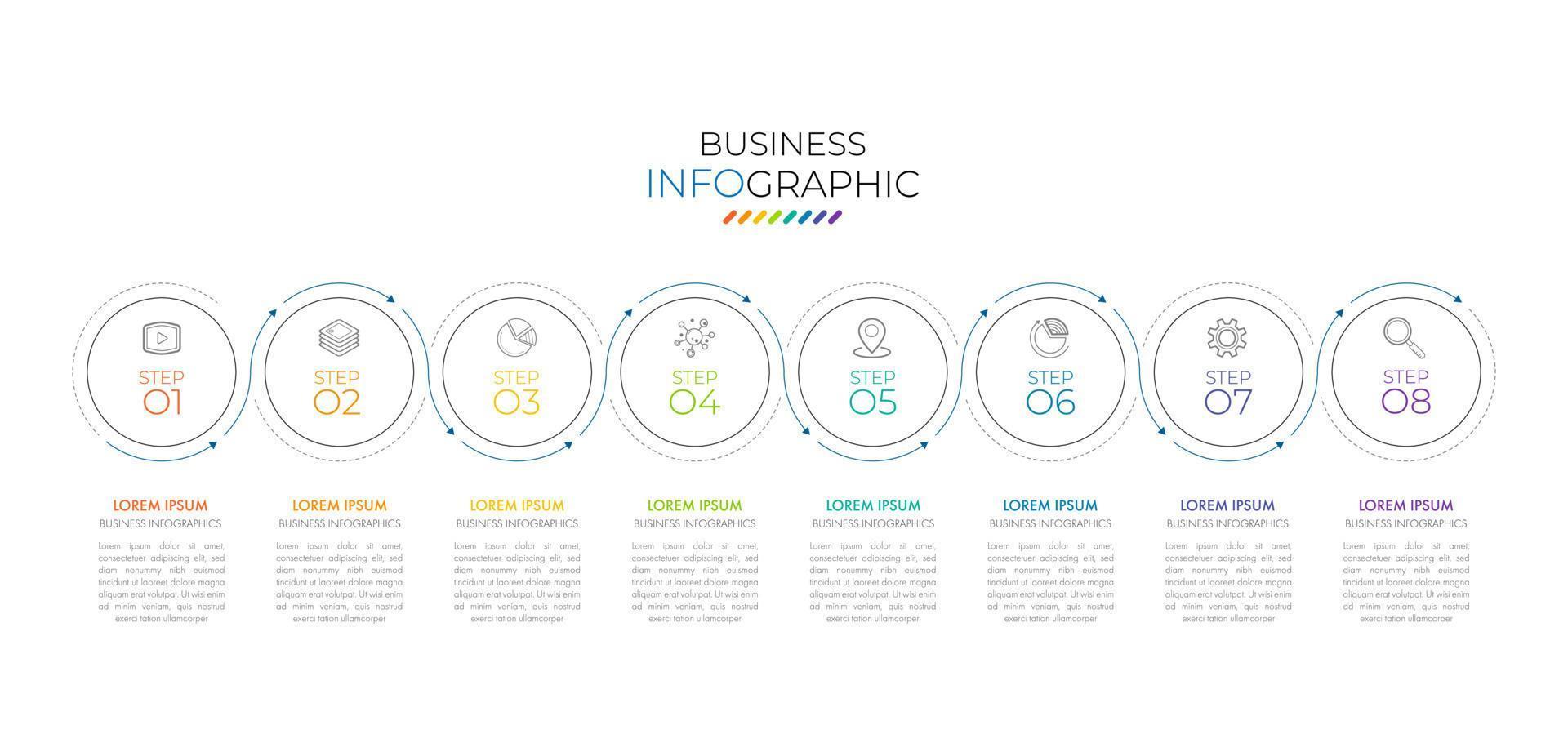 La plantilla de línea de tiempo infográfica se puede utilizar para el diseño del flujo de trabajo, el diagrama, las opciones numéricas y el diseño web. concepto de negocio infográfico con 8 opciones, partes, pasos o procesos. fondo abstracto. vector