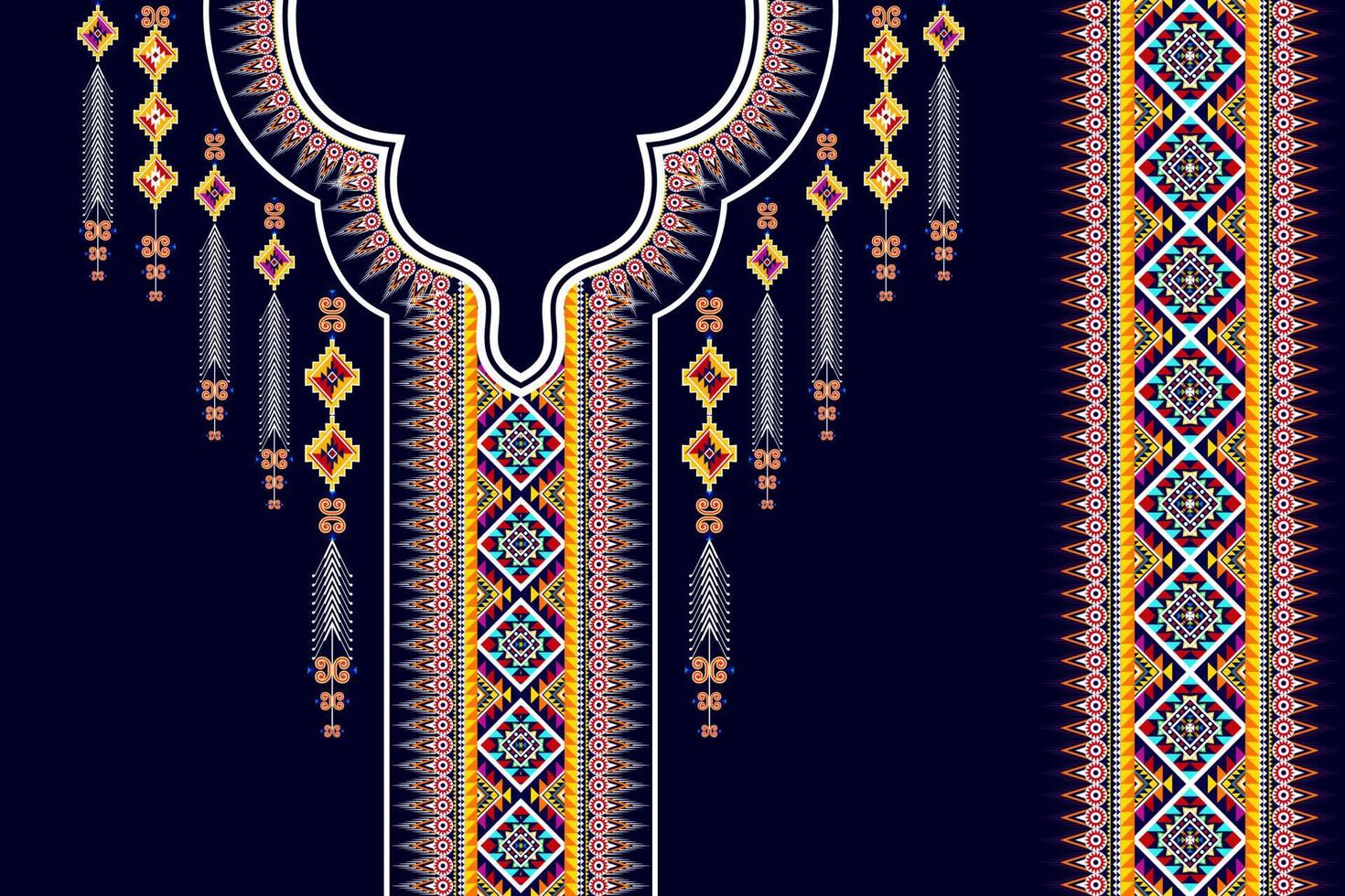 Geometric ethnic neckline embroidery pattern design. Aztec fabric carpet mandala ornament chevron necklace textile. Tribal boho native ethnic neck embroidery vector