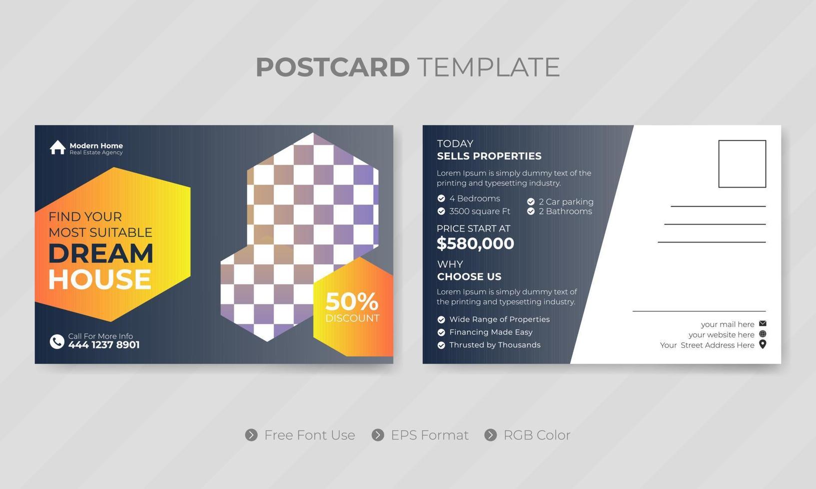 professional company real estate postcard template or social media design vector