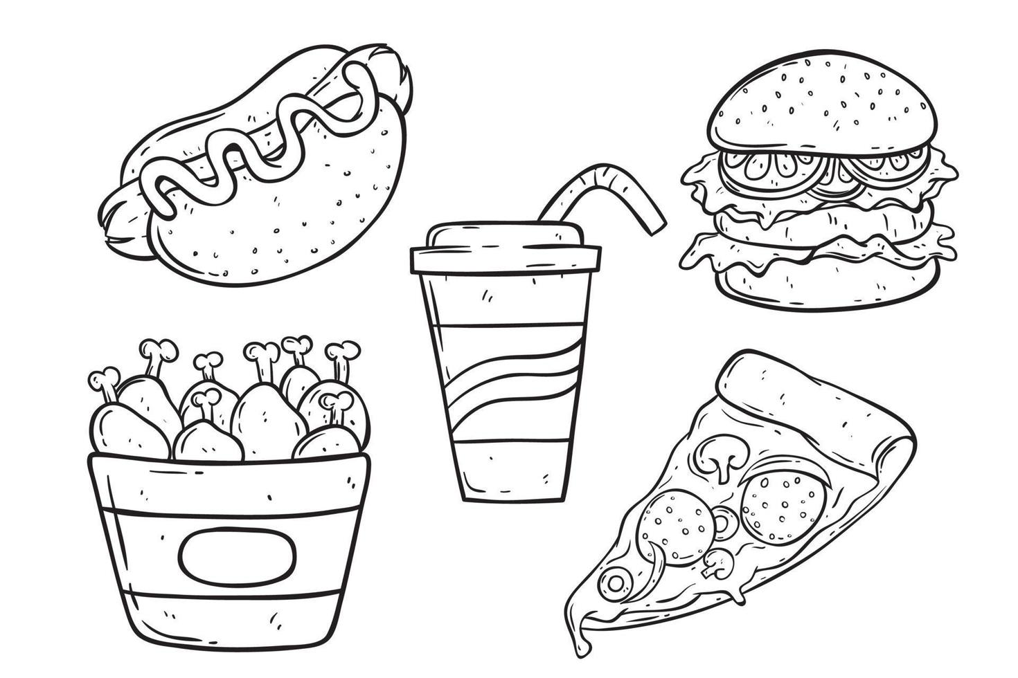 set of tasty fast food with hand drawn or sketch style vector