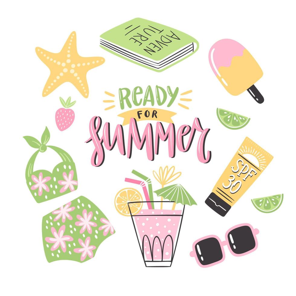 Colorful summer clipart set with lettering. Hand-drawn holiday decoration and typography. Isolated vector illustration designs with season elements like swimsuit, sunglasses, starfish and others.