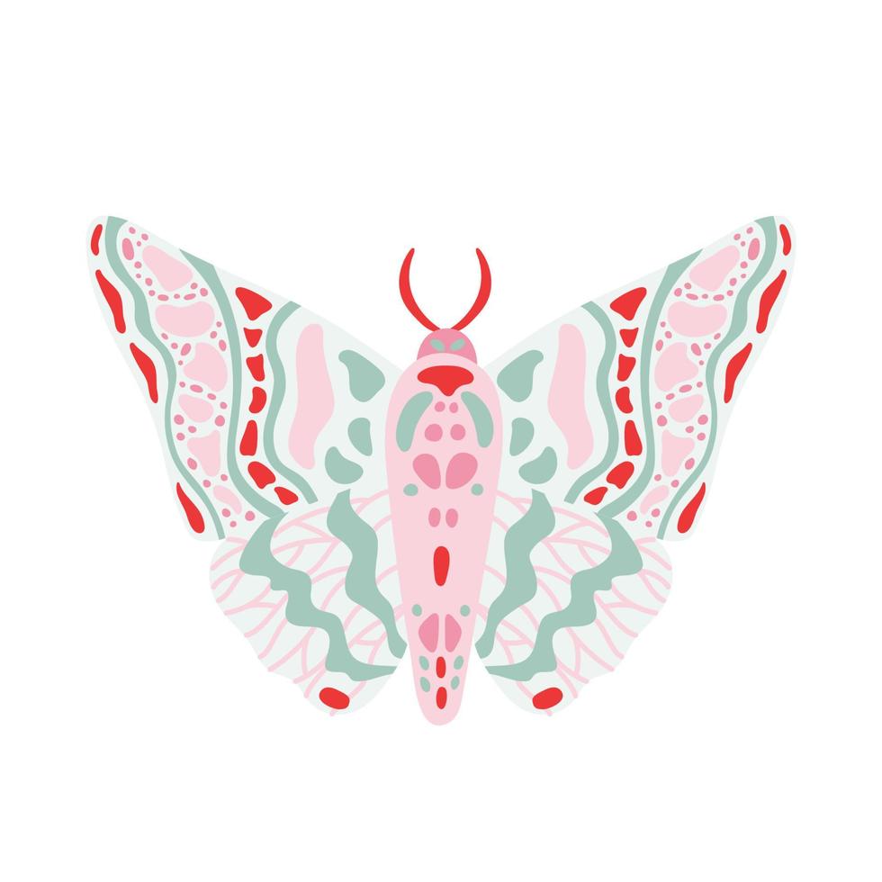 mariposa exótica, polilla. ilustración aislada dibujada a mano vectorial de dibujos animados de insectos voladores tropicales. elemento de diseño místico estilizado para impresión, portada, libro, afiche, tarjeta vector