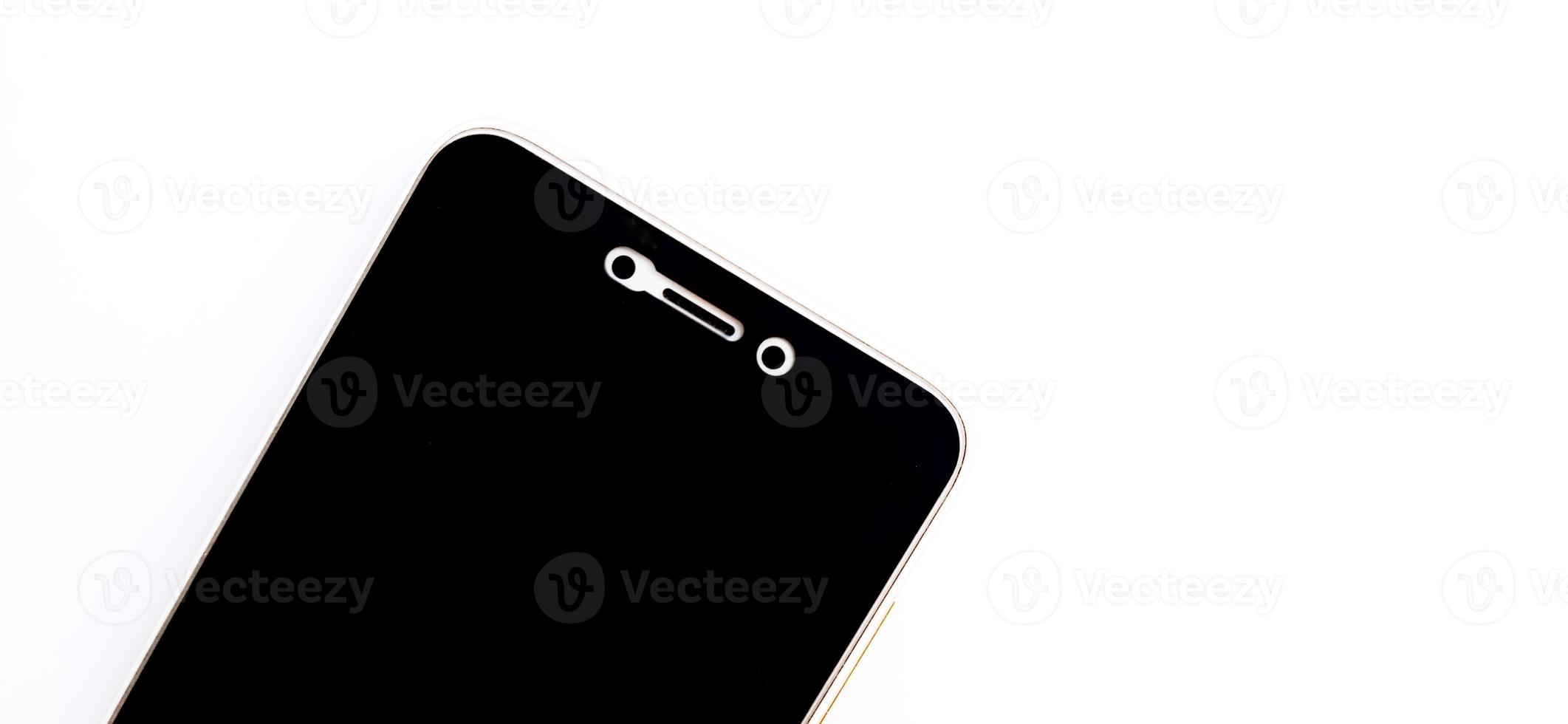 Front display of black screen of smartphone device. A half smartphone body view design. Suitable for advertising, promotion, technology agency, poster, backdrop, etc. photo