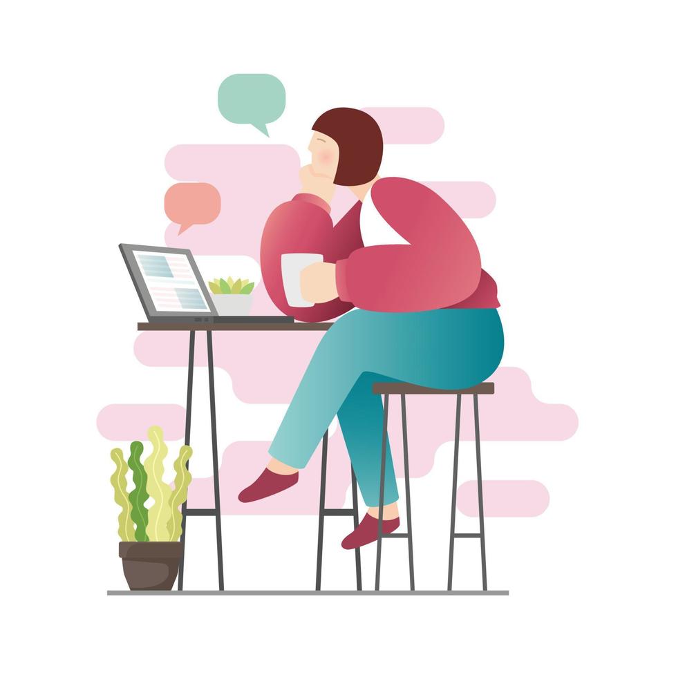 Sitting young woman with laptop for chatting in simple modern flat style vector, people and technology concept abstract for your design work, presentation, website. vector